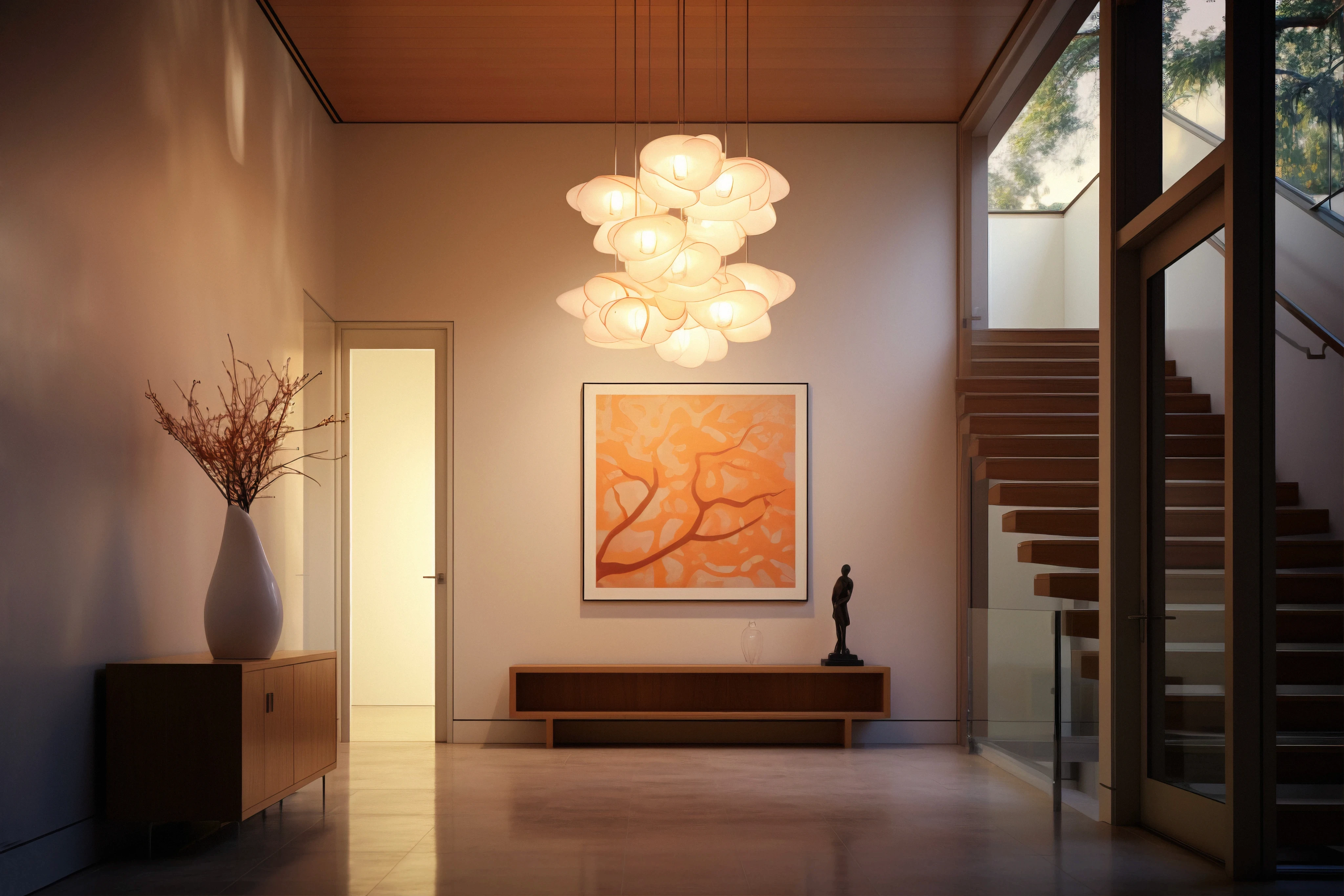 Modern living room entryway featuring a statement cluster chandelier, orange canvas art, and staircase.
