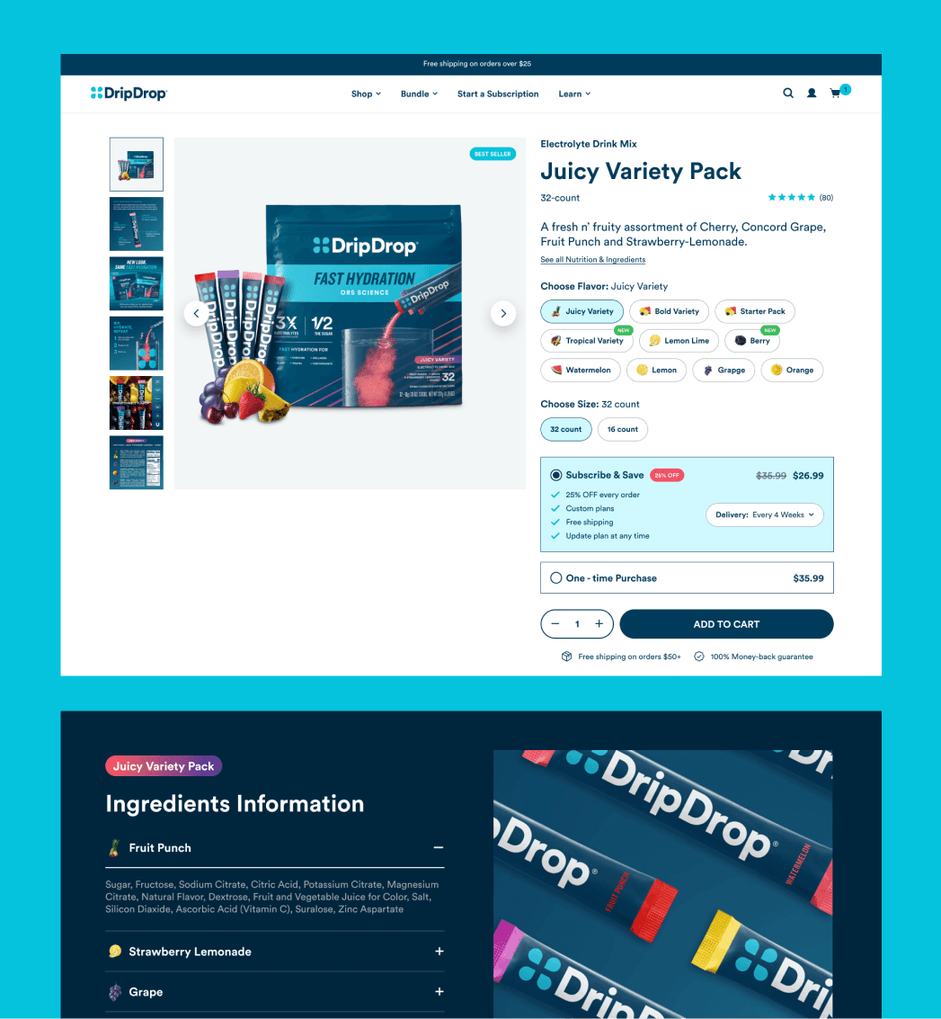 DripDrop Shopify product detail page featuring hydration mix packs and purchase options