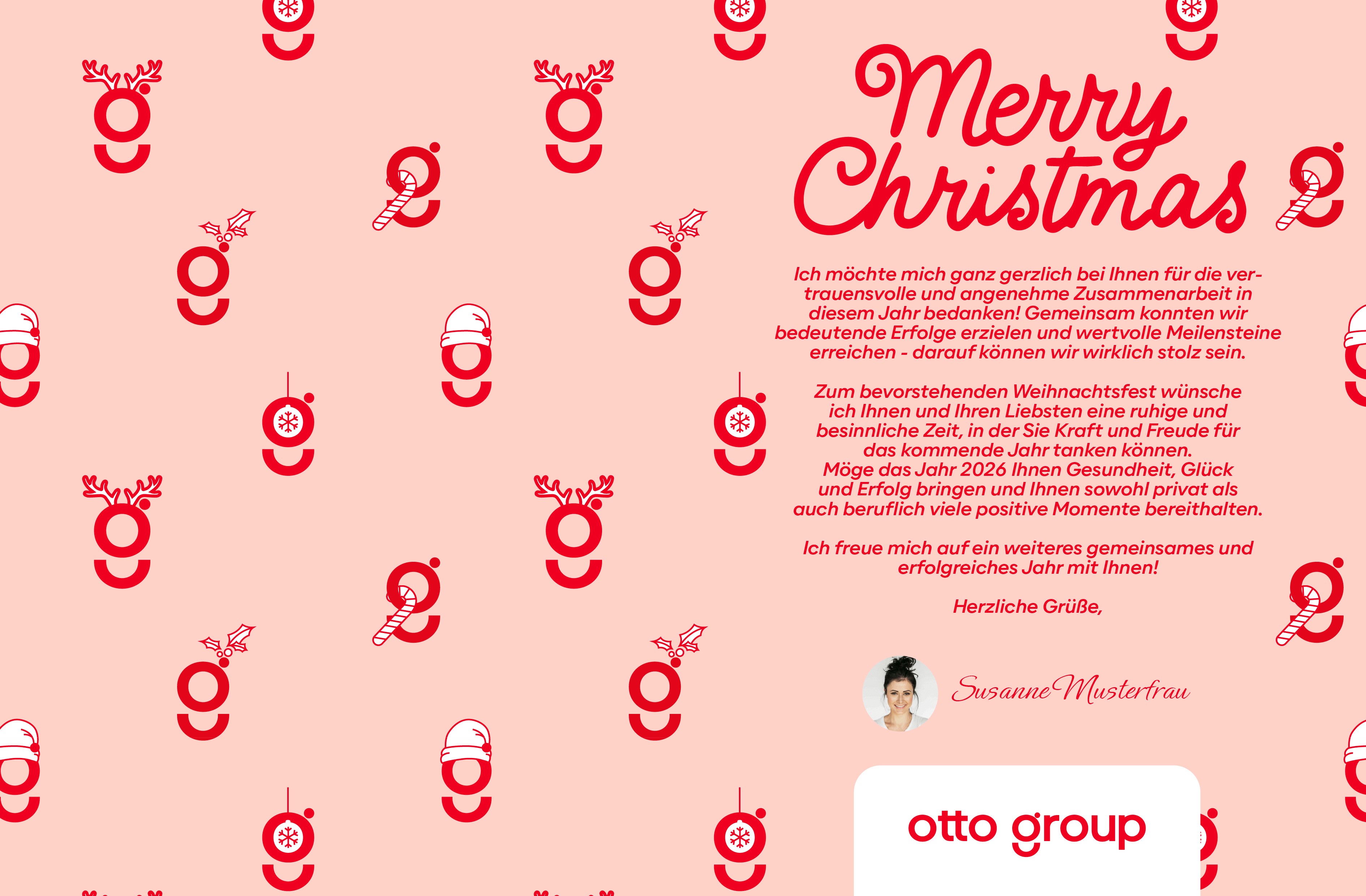 Verspieltes Weihnachtskarten-Design mit einem flächigen Muster auf hellem Rosa Hintergrund. Das rote Superzeichen der Otto Group ist in verschiedenen weihnachtlichen Variationen illustriert – unter anderem mit Rentier-Geweih, Weihnachtsmütze und als Zuckerstange. Daneben steht der Schriftzug „Merry Christmas“.