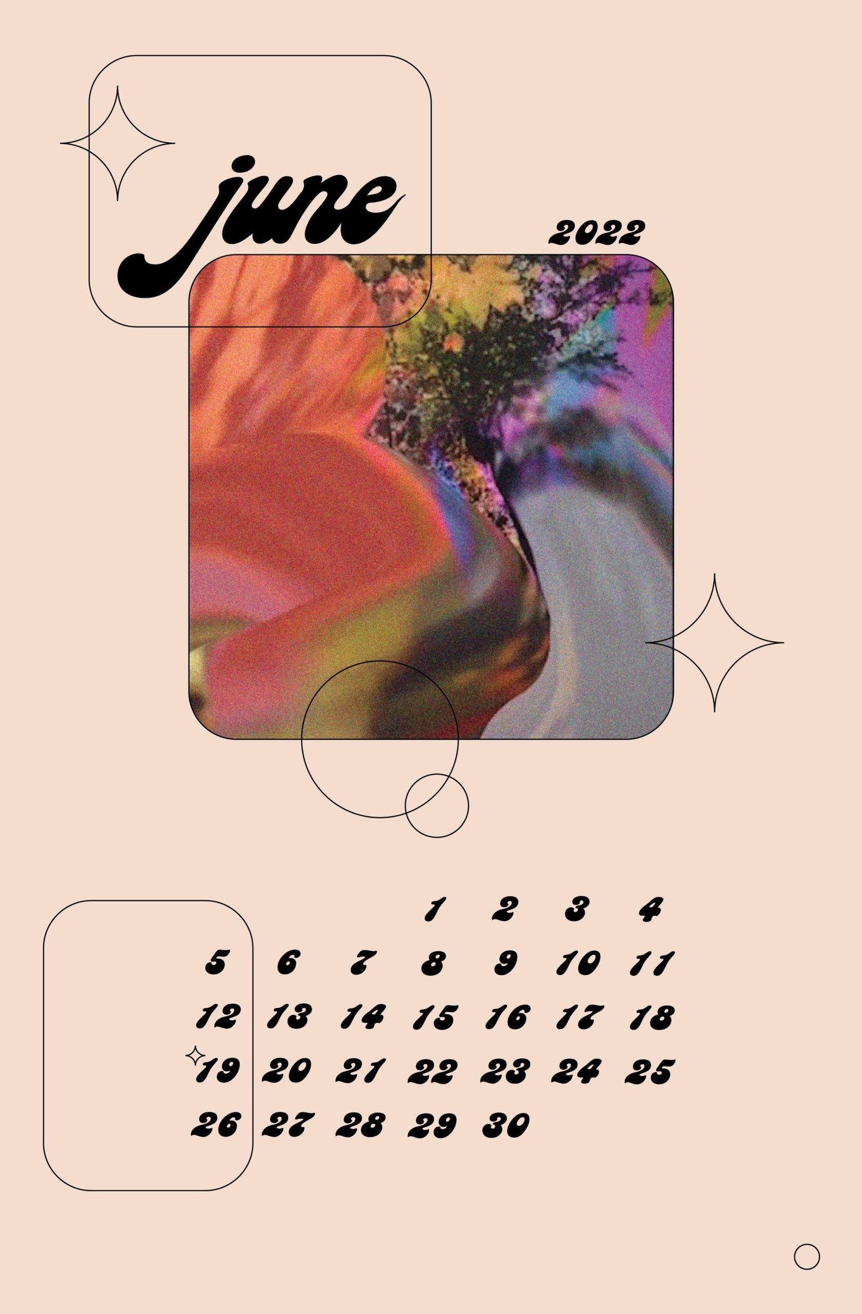 June 2022 month illustration with geometric shapes and in the middle is a rounded corner square with a colorful abstract image