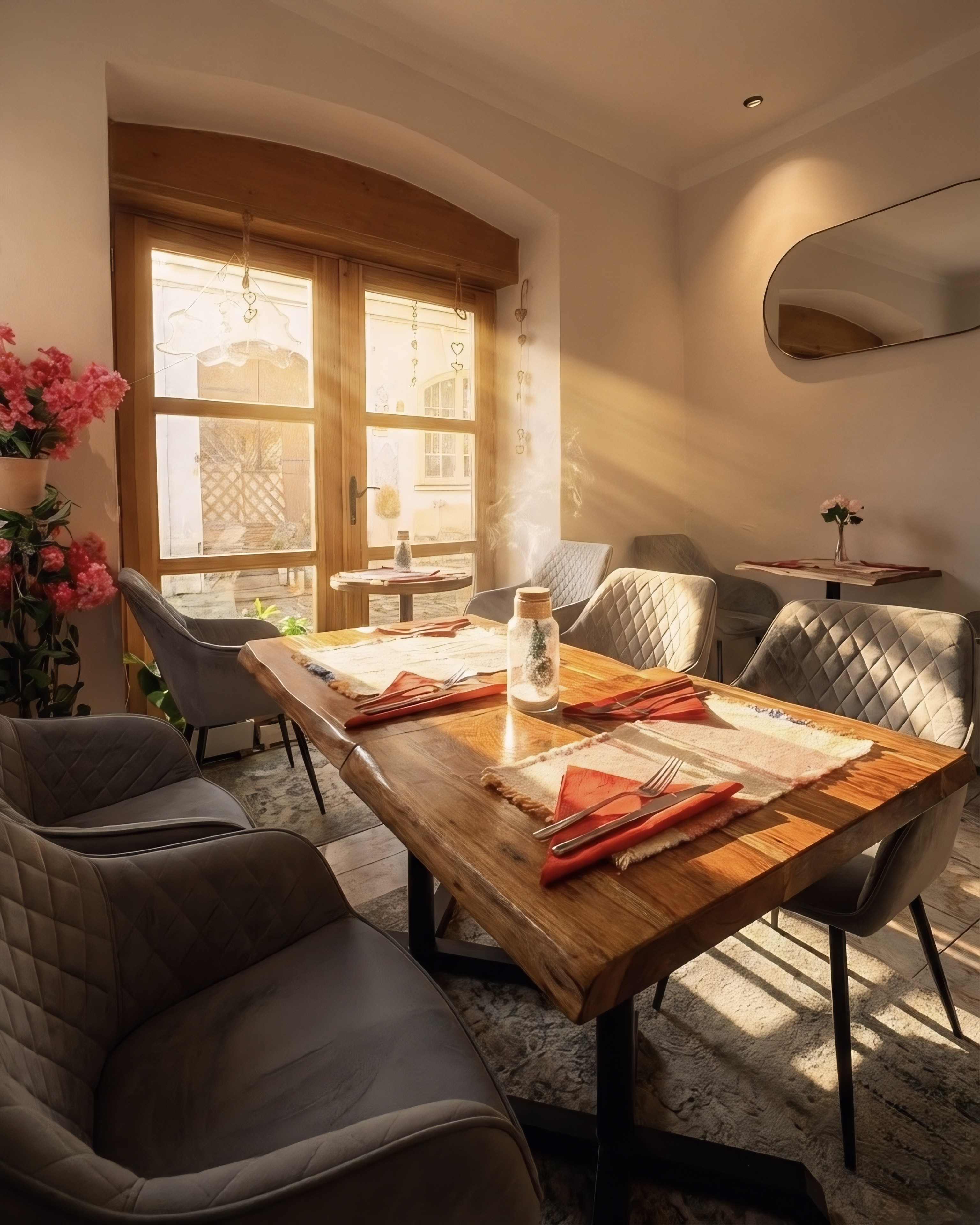 Plate with a seared salmon fillet topped with green herb garnish and sauce, served on a white dish placed on a dark green marble table beside a white candlestick.