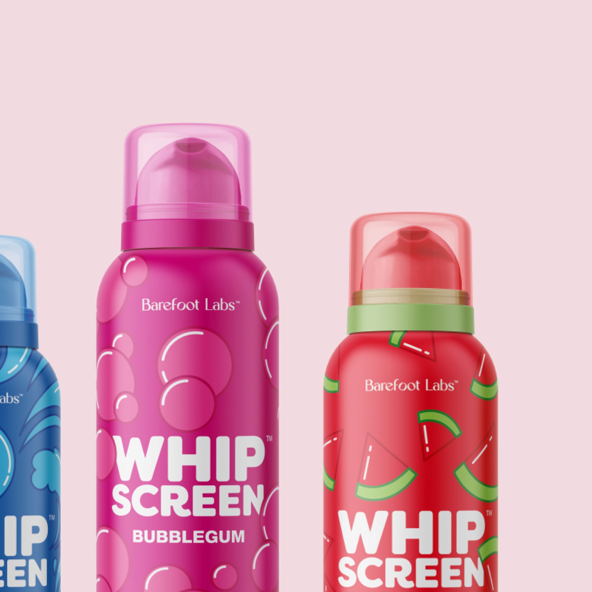 Colorful packaging design for Whip Screen, a mousse sunscreen for children by Barefoot Labs.