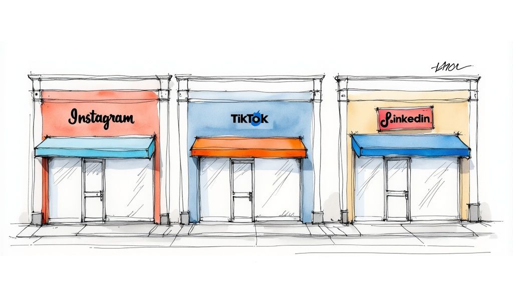 A person sitting at a desk with a laptop, looking at a screen filled with social media icons and charts, representing marketing a business on social media.