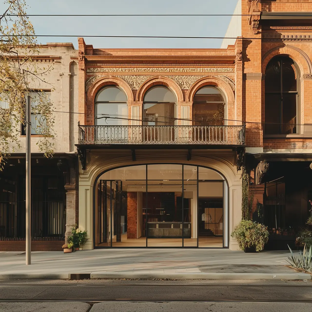 Restored brick building with arched windows and modern glass storefront on a quiet street