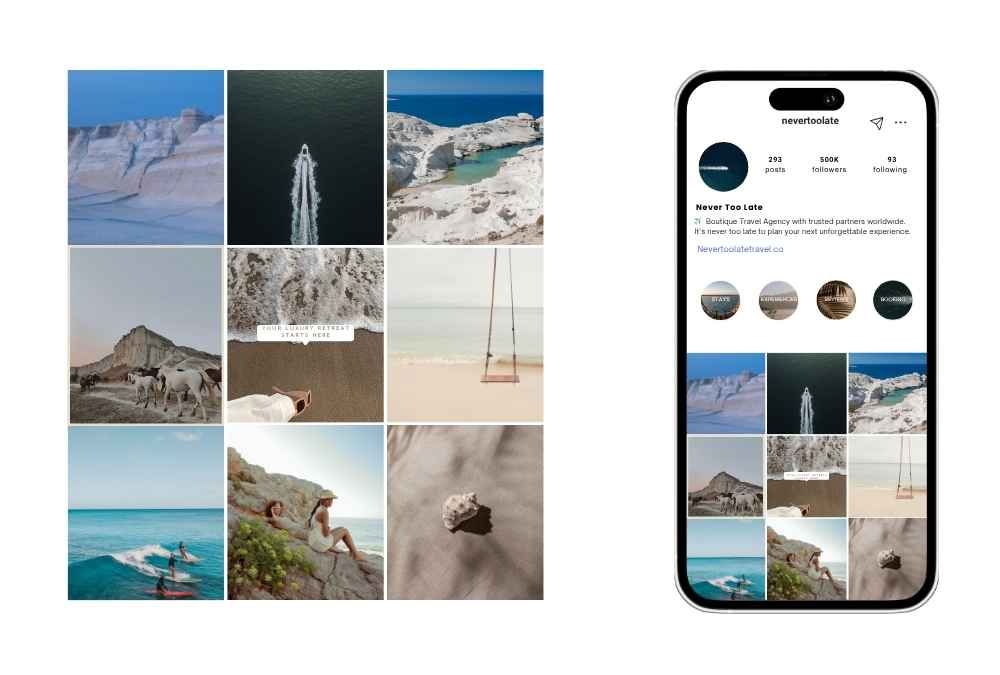 A curated travel photography grid featuring coastal landscapes, serene beaches, cliffs, and lifestyle moments, displayed alongside a mobile Instagram preview for a travel and hospitality social media concept.