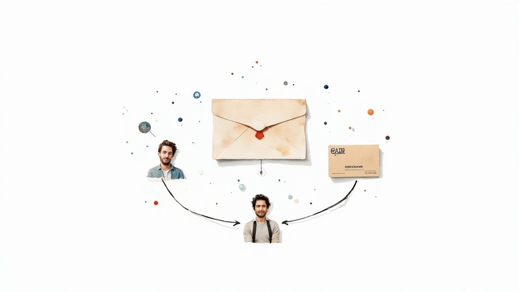 Deux hommes, une enveloppe scellée et une boîte EAT.R connectés par des flèches sur fond blanc avec des taches colorées.