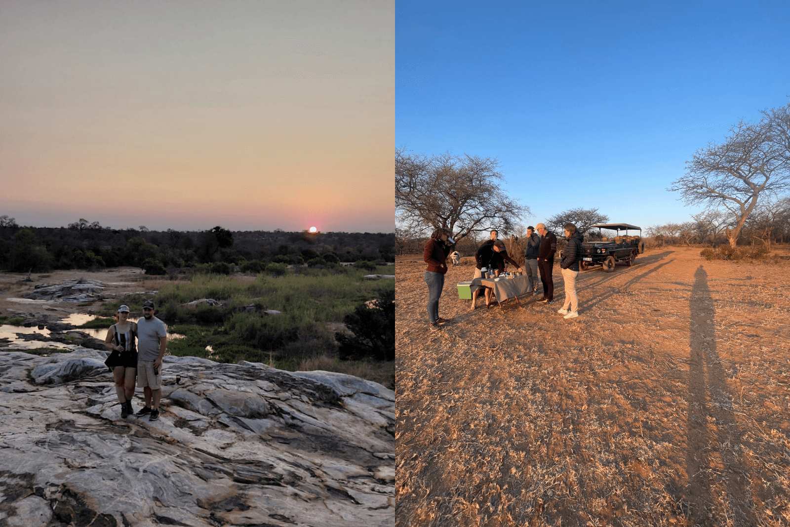 Scènes de safari en Afrique du Sud : marche au coucher du soleil et pause sundowner près d’un véhicule dans le bush.