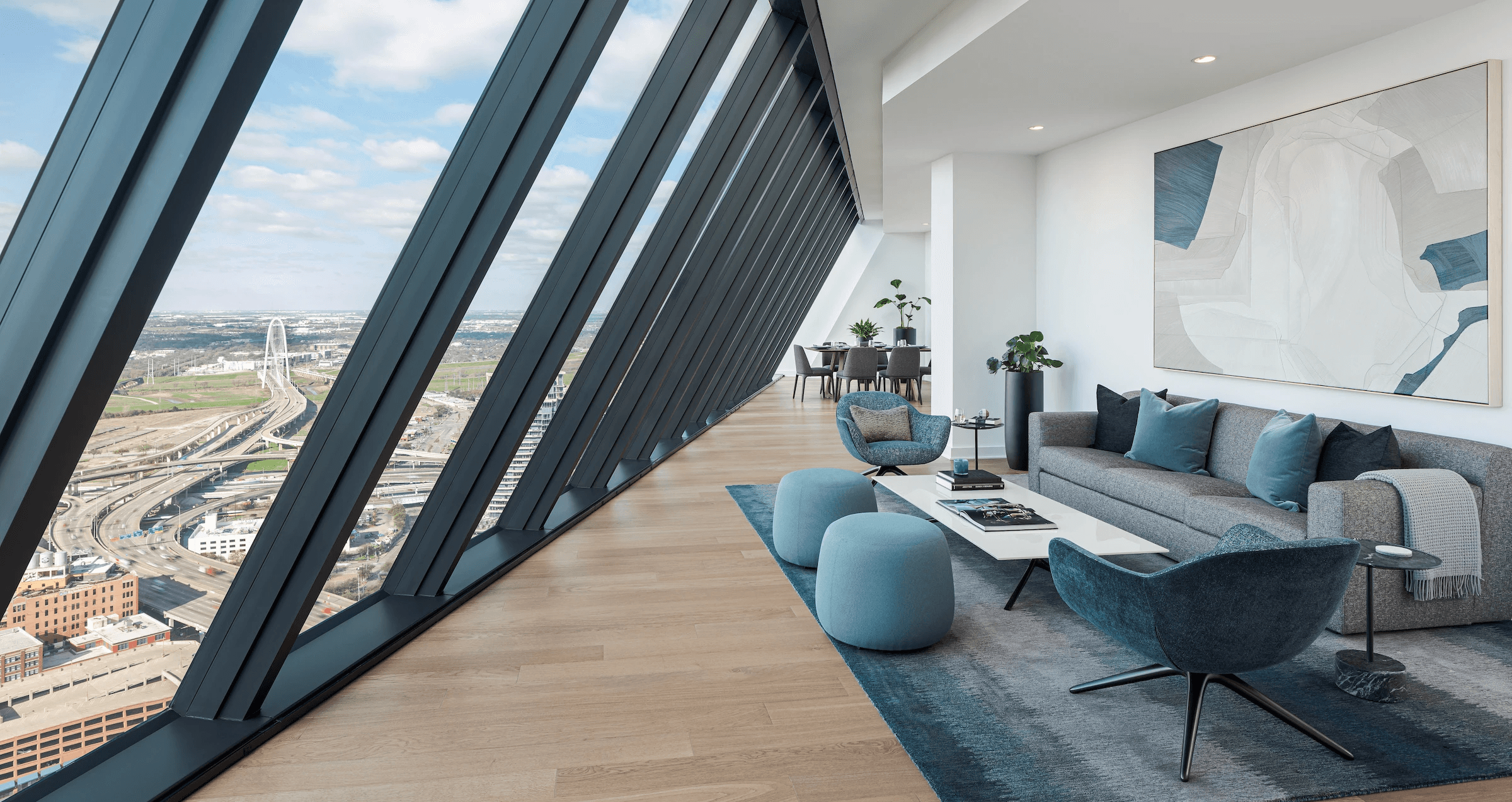 Downtown Dallas skyline view from a high-floor residence at AMLI Fountain Place