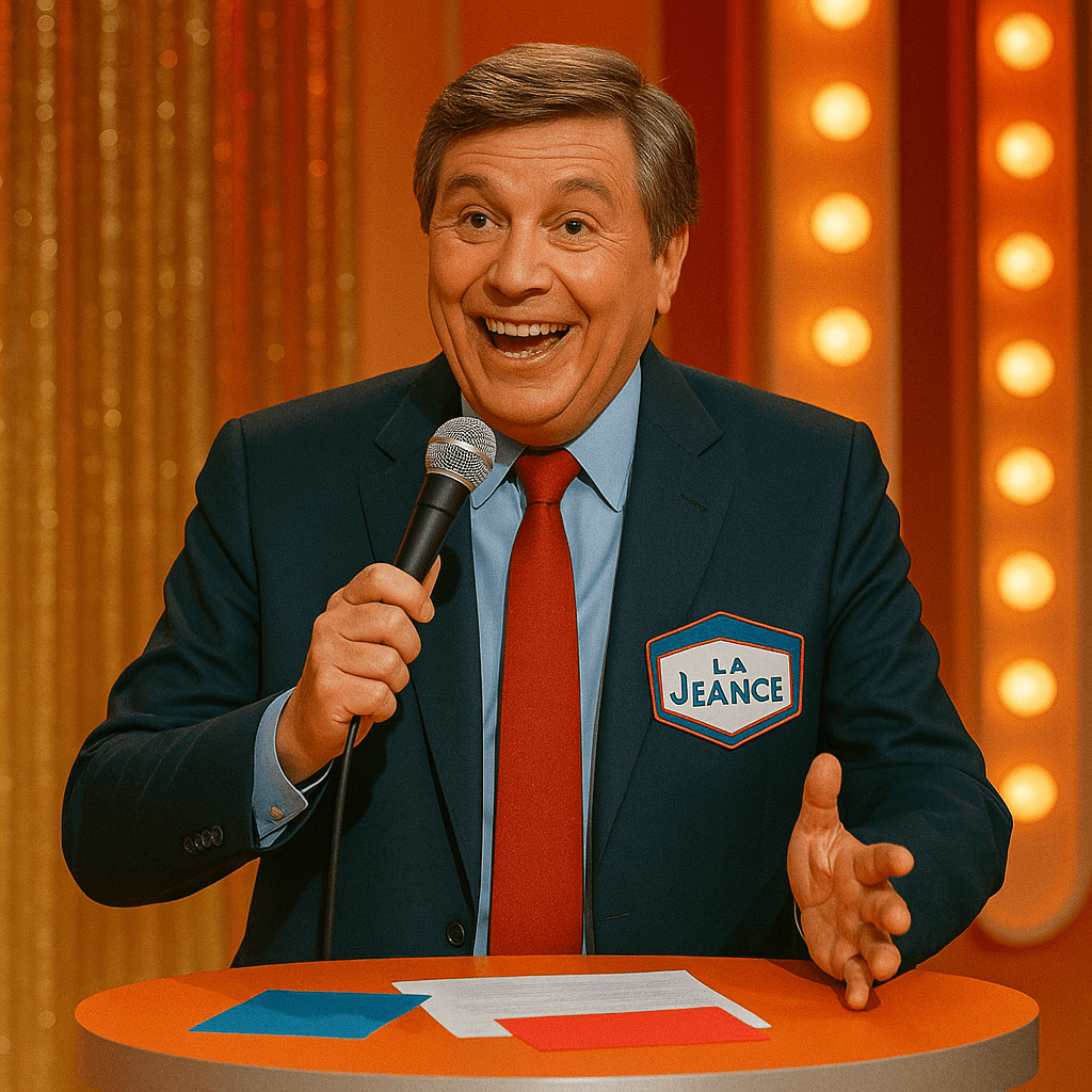 Jean-Pierre avec un grand sourire en train d'animer un jeu. Il tient un micro et porte un basge de La Jeance