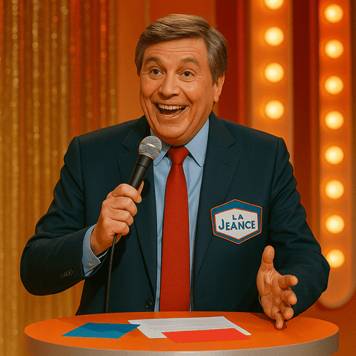 Jean-Pierre avec un grand sourire en train d'animer un jeu. Il tient un micro et porte un basge de La Jeance