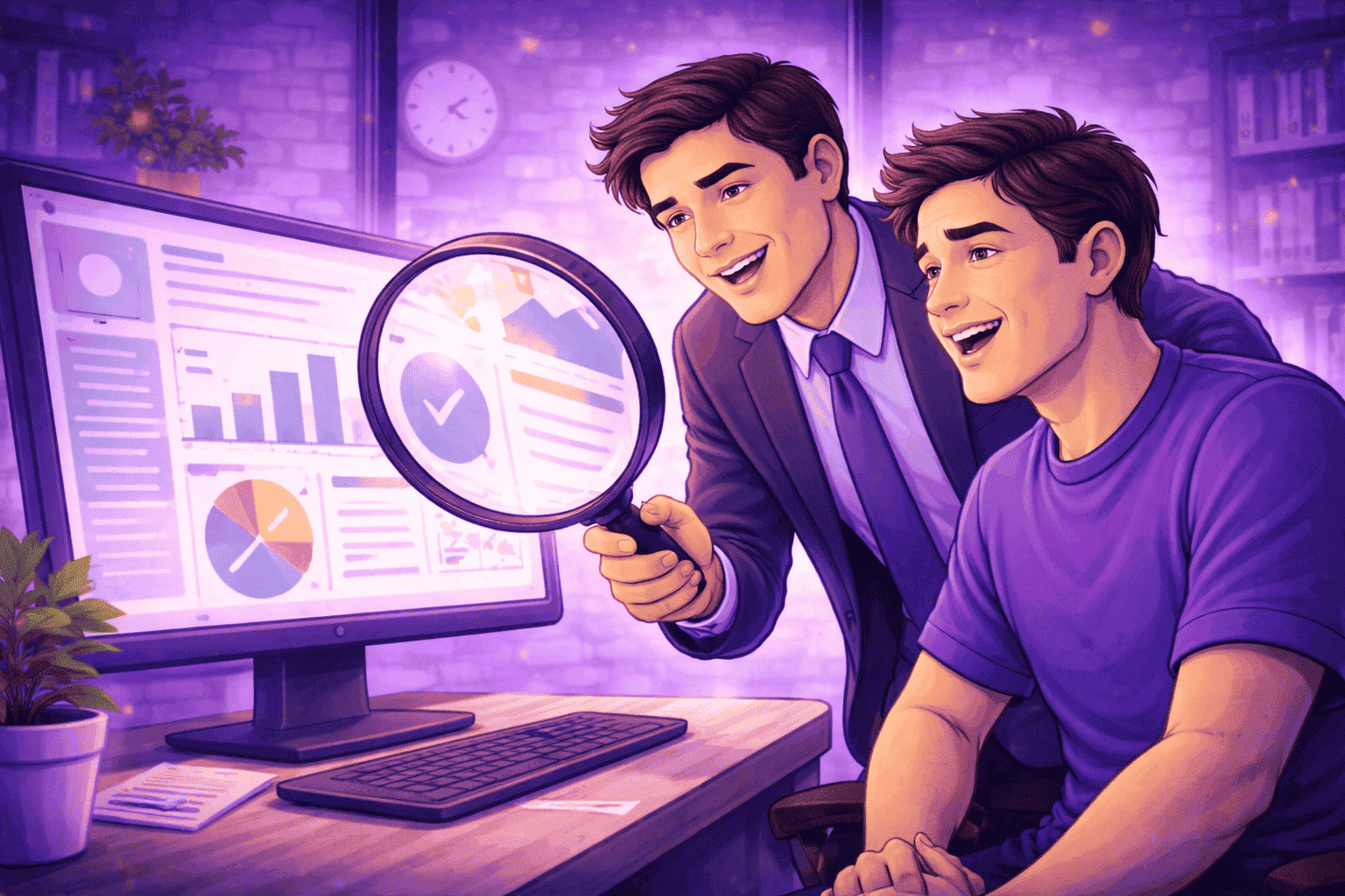 Leader and employee smiling together while reviewing productivity data on a computer screen, with a magnifying glass highlighting charts to represent transparency and collaboration.