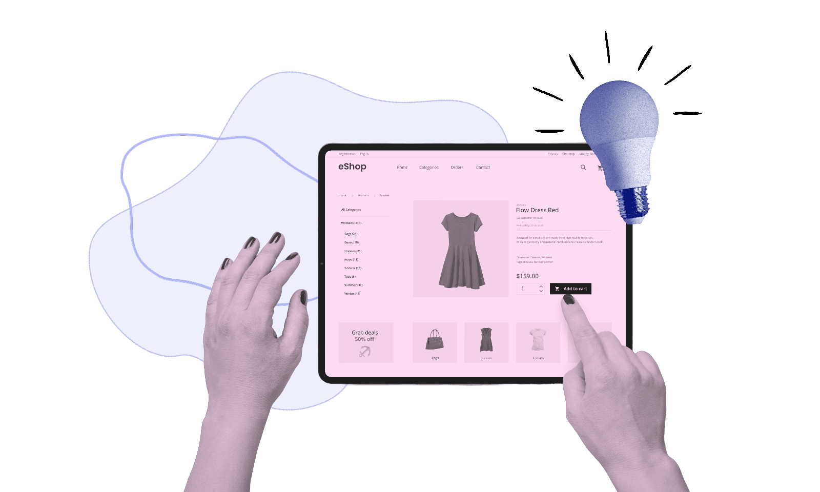 Two hands enaging with a tablet online shopping. Light bulb to right of tablet