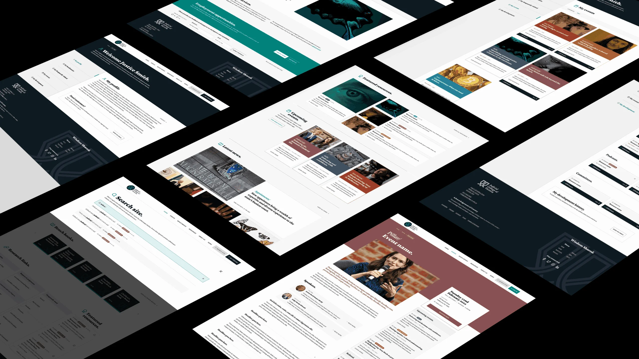 Angled screens of the Judicial College of Victoria's Wisdom Shared website in dark navy and teal, showing events and articles