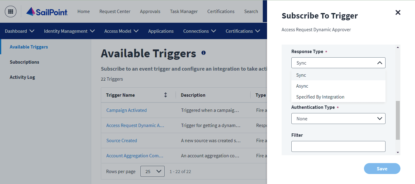 SailPoint Subscribe to Trigger configuration panel showing response type, authentication settings, and integration options.