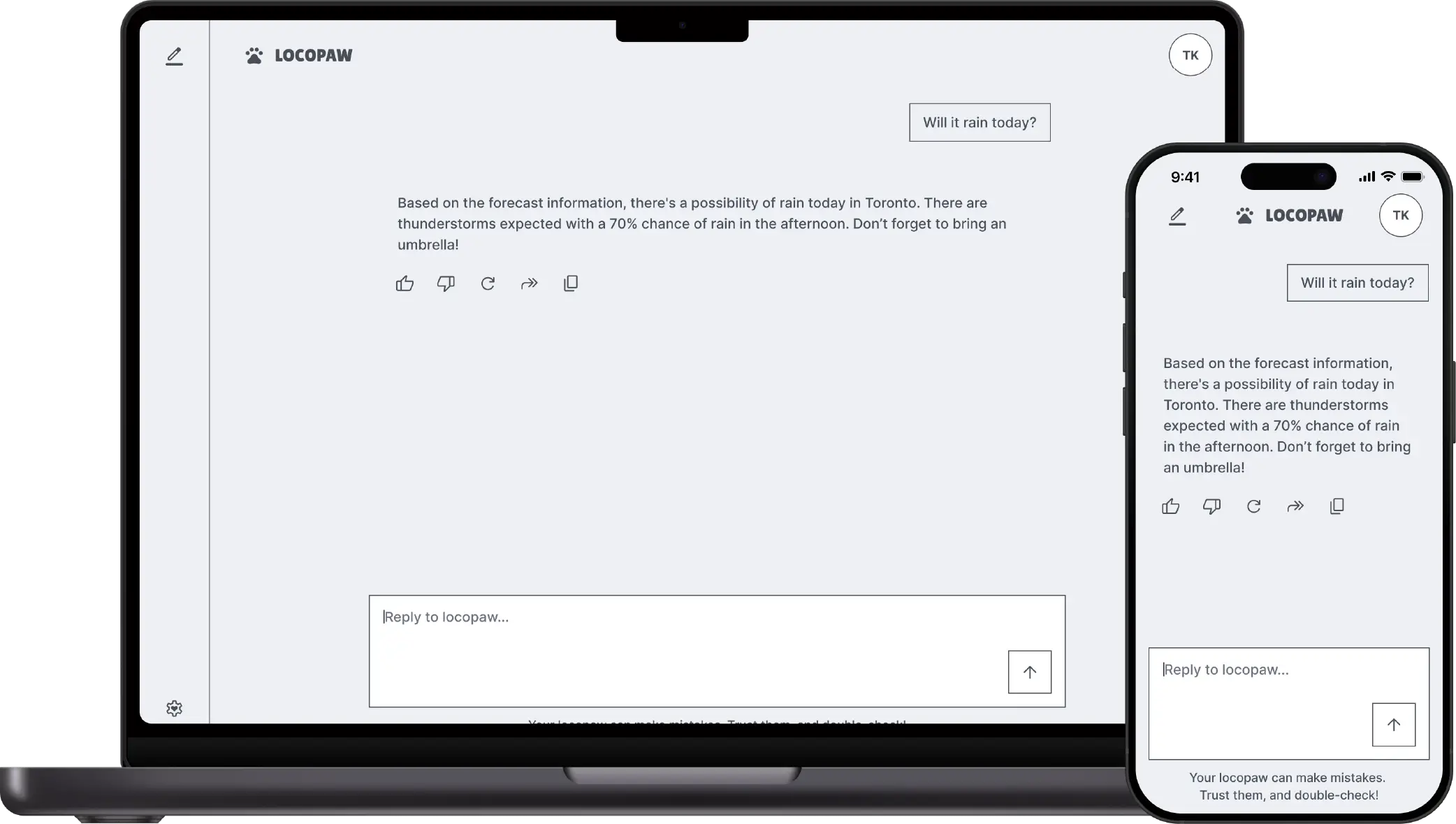 Locopaw chat page in Vanilla Sky theme with forecast example.