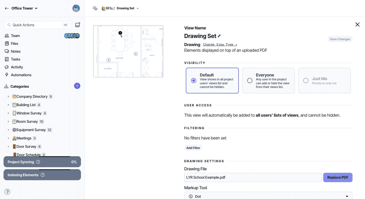 Drawing View settings open for the RFIs Drawing Set in the Office Tower project.