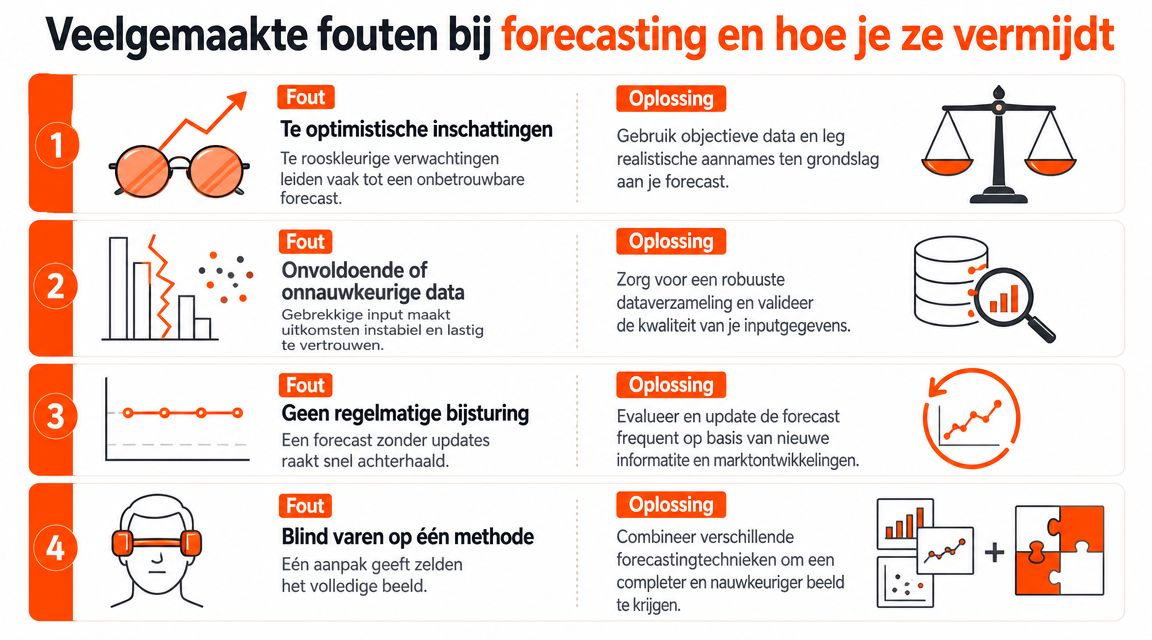 Een infographic met vier veelgemaakte fouten bij forecasting en bijbehorende oplossingen voor nauwkeurige bedrijfsvoorspellingen.