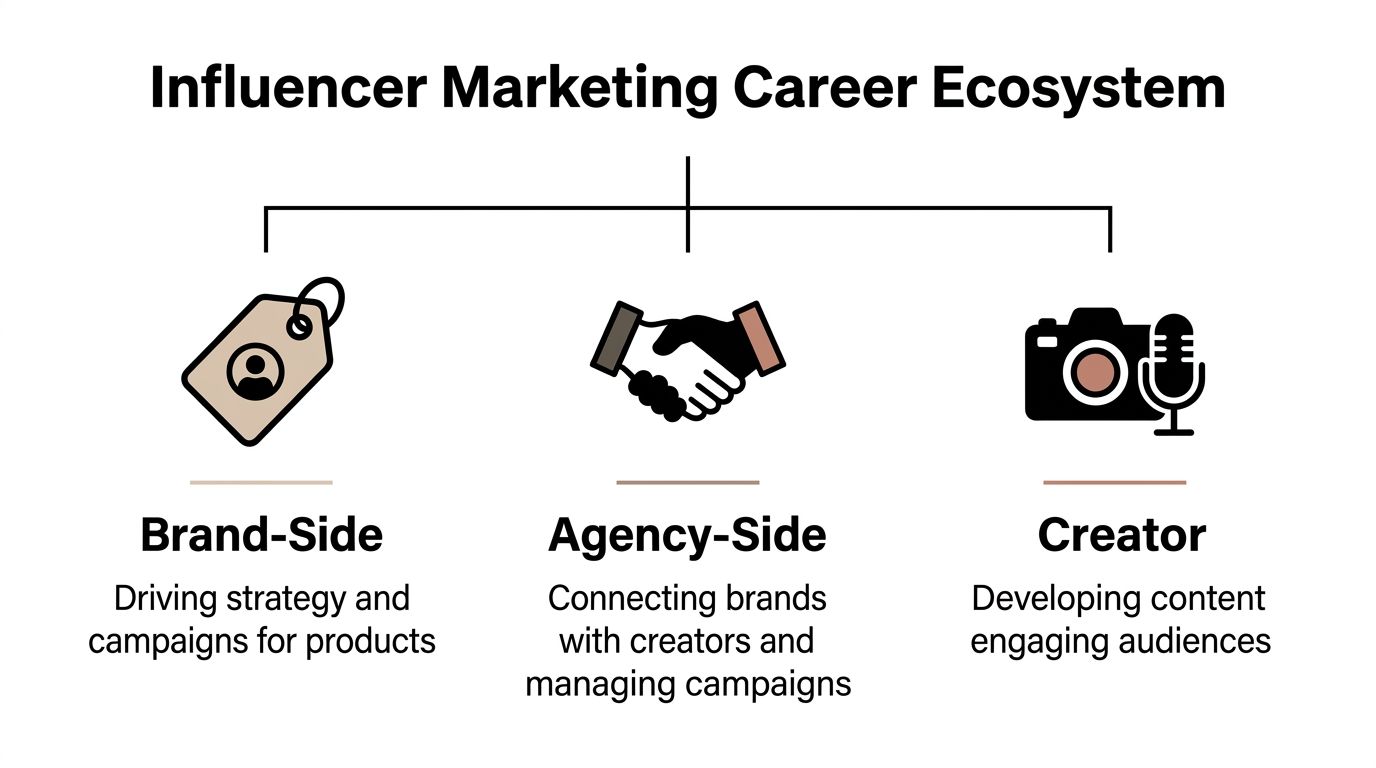 A diagram outlining the influencer marketing career ecosystem including brand-side, agency-side, and creator roles.