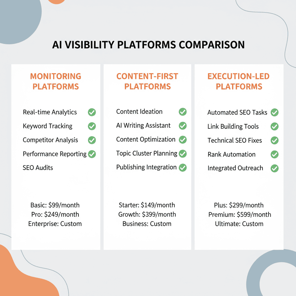 Comparison chart of three types of AI visibility platforms for B2B SaaS companies