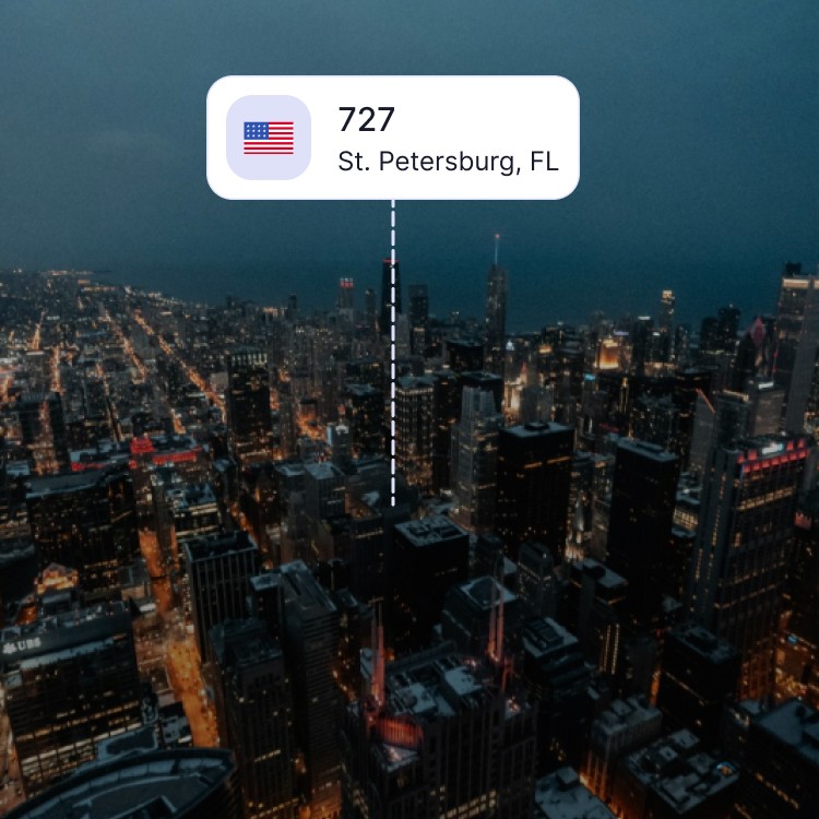 City skyline of St. Petersburg showing the 727 area code and surrounding area codes