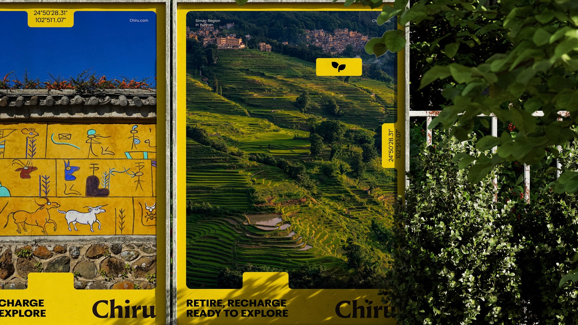 Two yellow informational panels stand side by side. The left panel displays a colorful, illustrated depiction of Egyptian hieroglyphs alongside a blue sky. The right panel shows a photograph of terraced rice paddies with buildings and a black bird icon at the top. Both panels have text: “CHARGE EXPLORE” on the left and “RETIRE, RECHARGE READY TO EXPLORE” on the right.