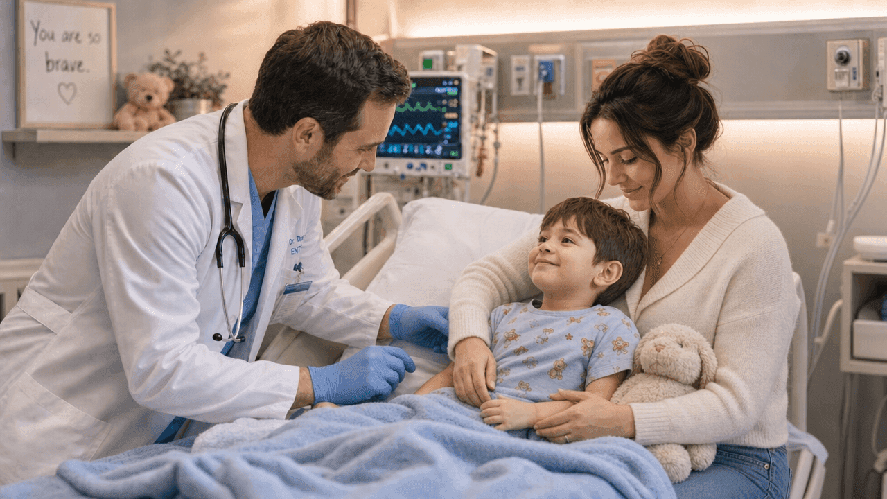 Mother and son talking to dr before ear tube surgery