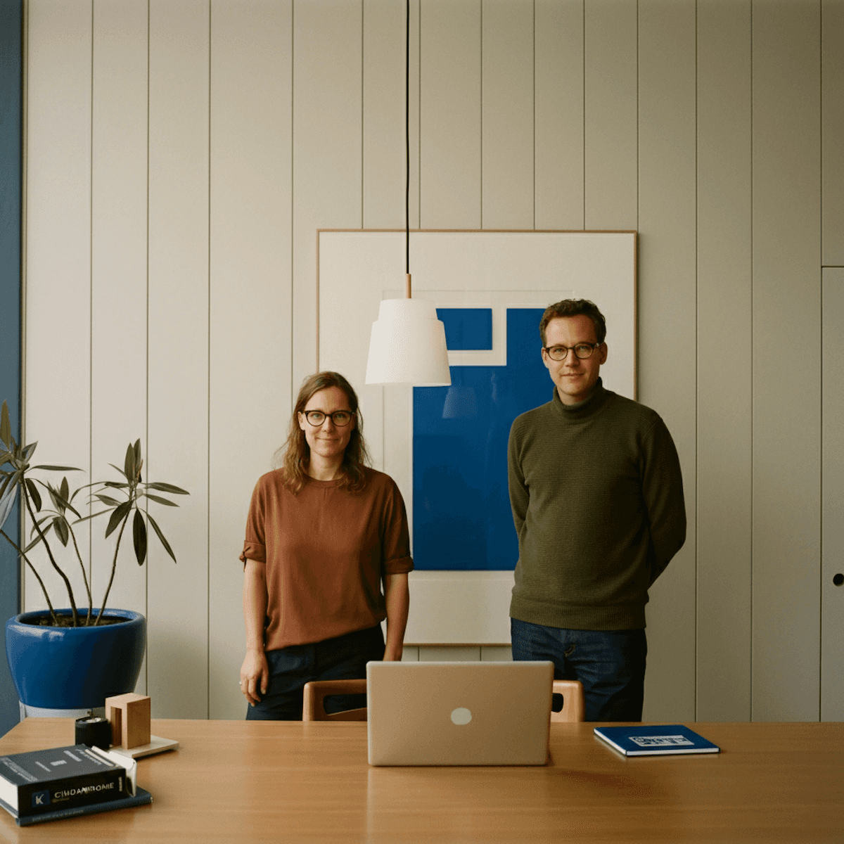 A man and woman standing behind a desk in a modern office.