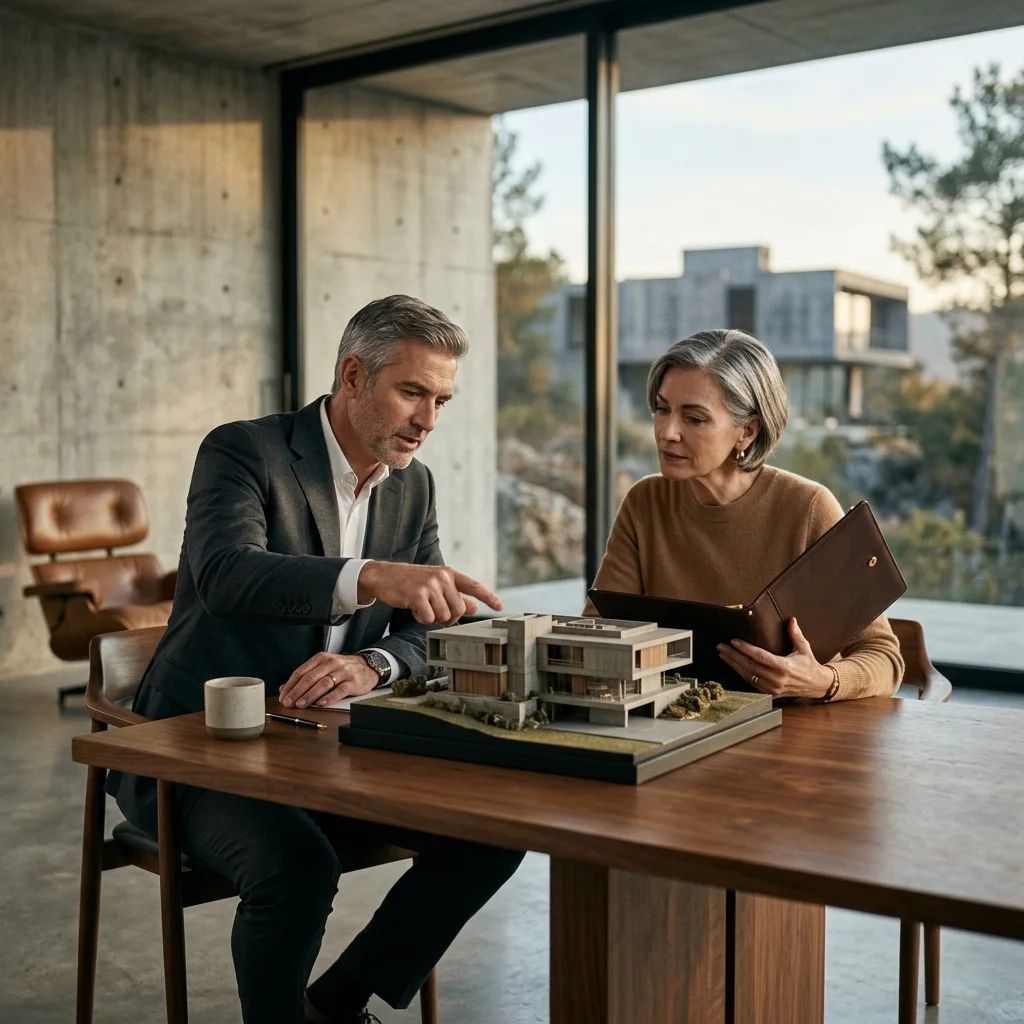 Real estate agent discussing a modern house model with a client at a wooden table inside a contemporary home.