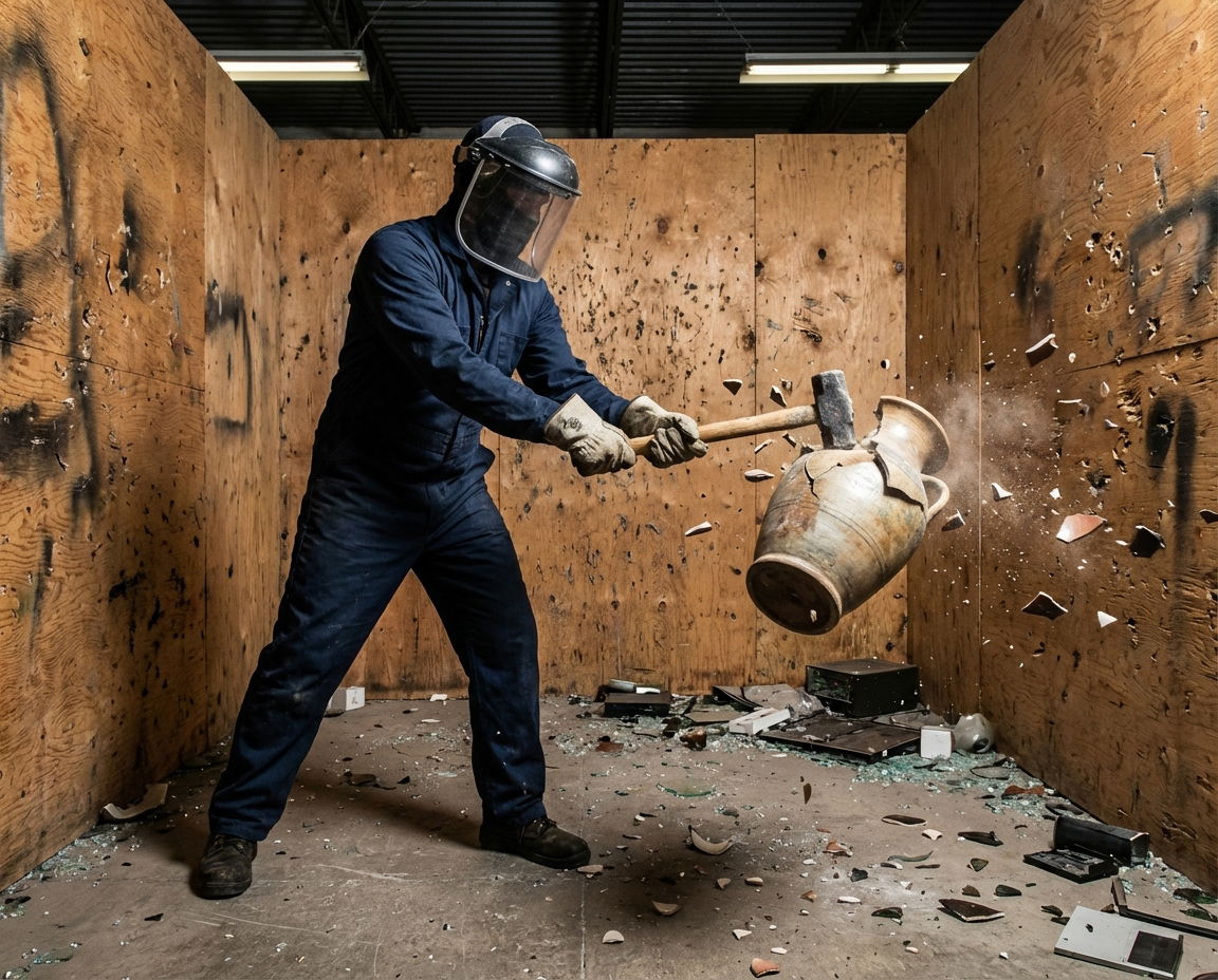 A person in protective gear inside a rage room striking an object.