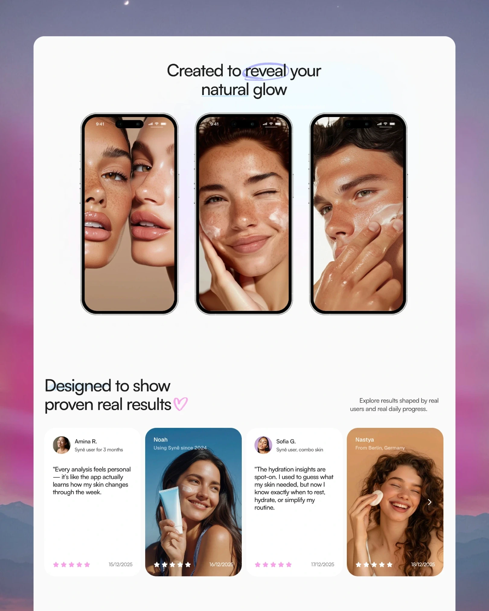 SYNÉ app testimonial cards from real users with skincare results — UI design by Luna UI design studio