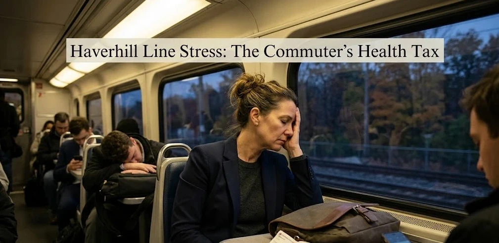 Tired professionals commuting on the MBTA Haverhill Line train looking exhausted and stressed.