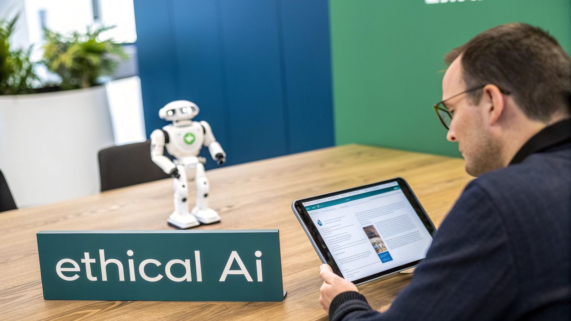 A man reads on a tablet next to a robot and an 