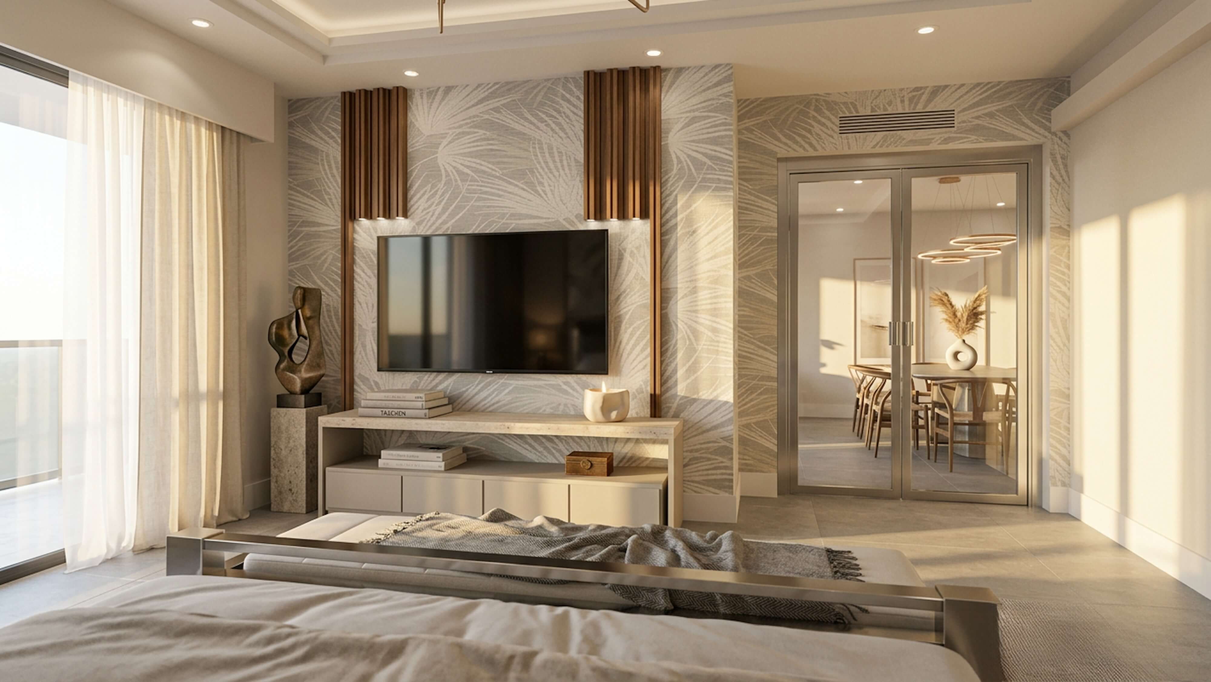 Sunlit primary suite with palm wallpaper, mounted TV, soft drapery, and glass doors.