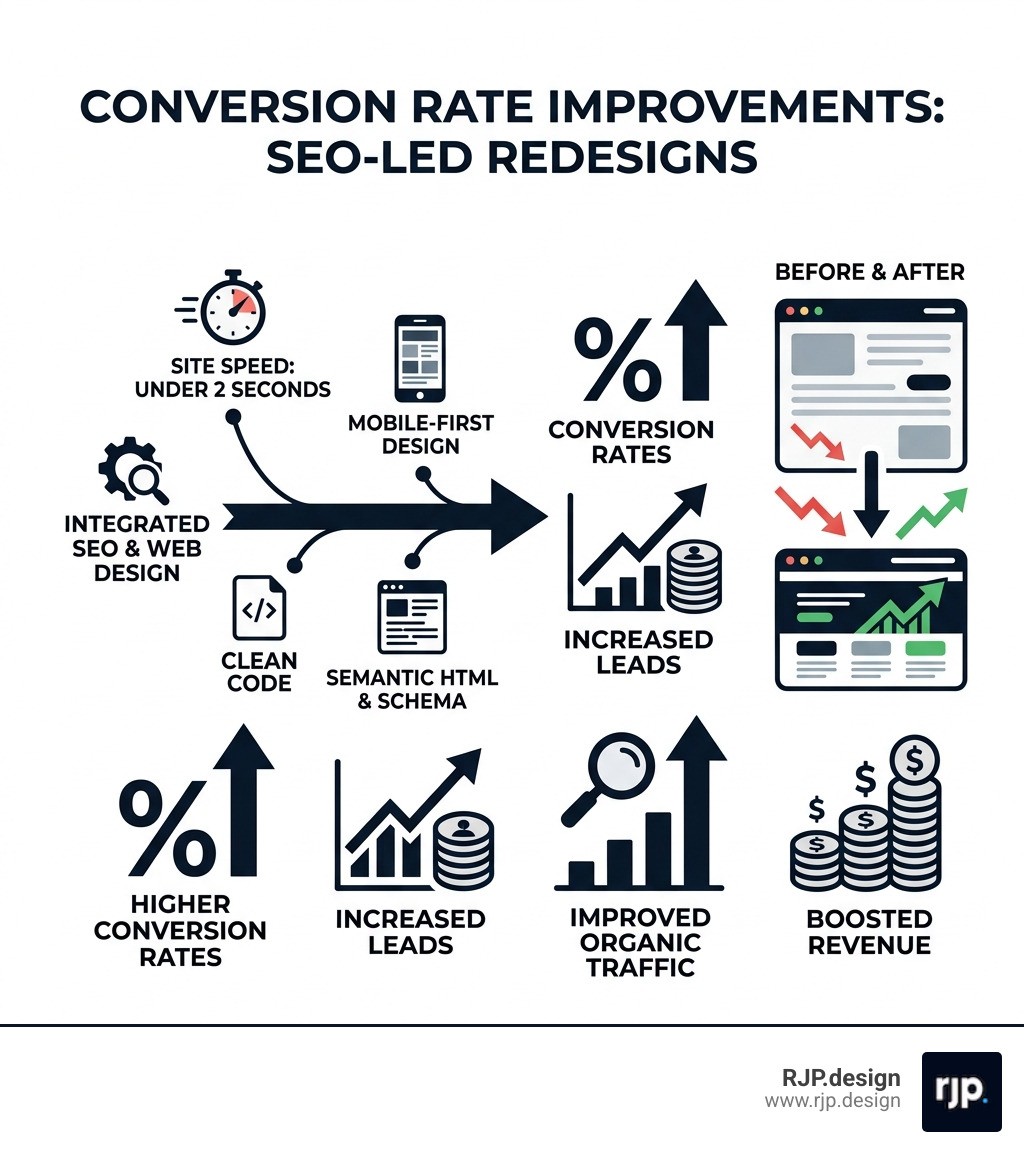 Infographic showcasing conversion rate improvements after SEO-led redesigns - SEO and web design company infographic 
