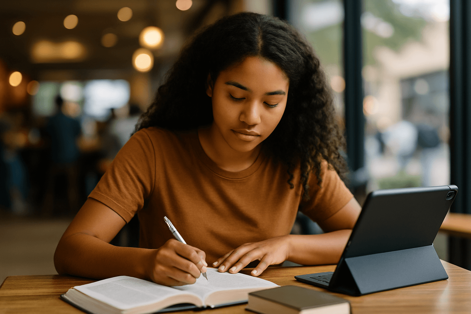This image features a young woman journaling