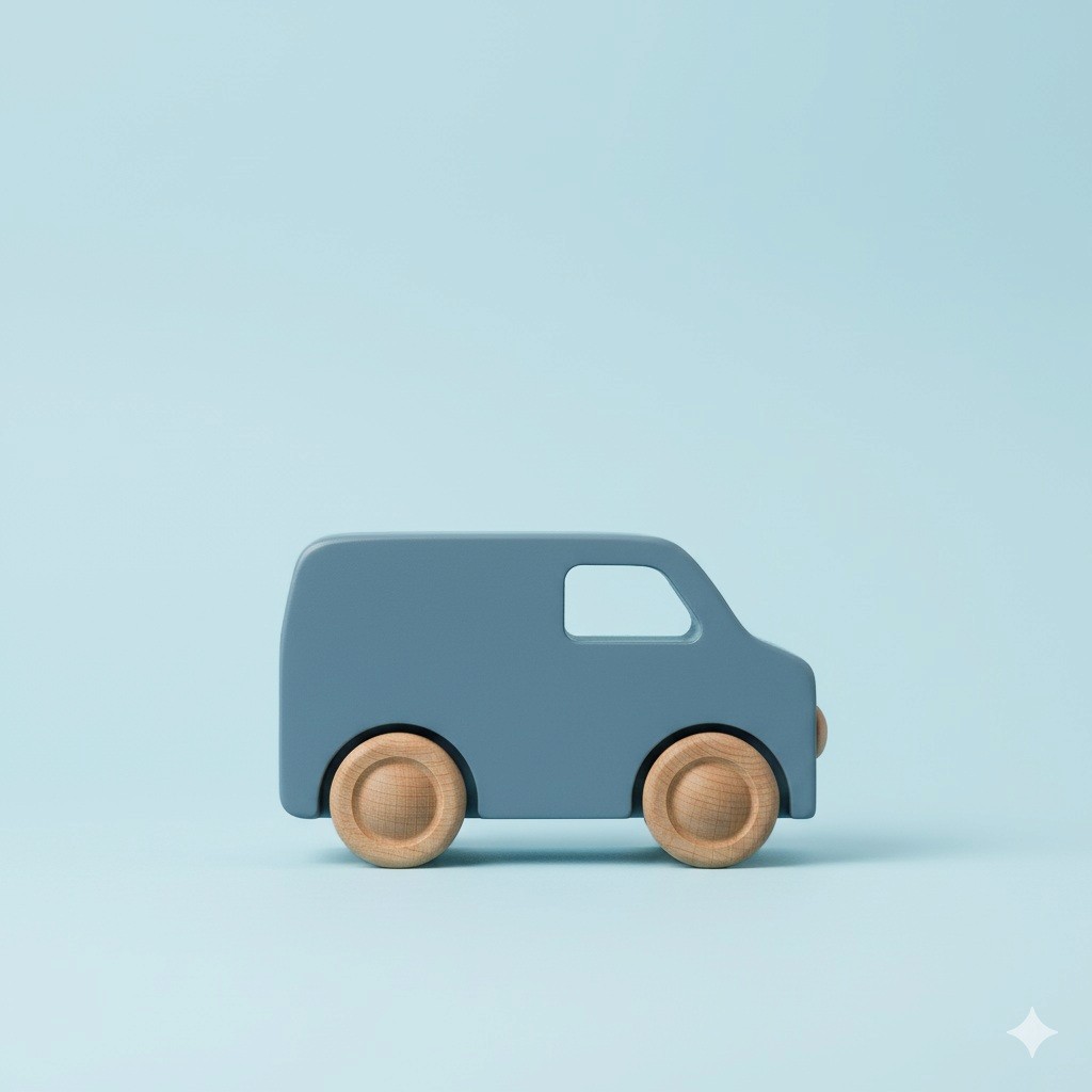 Simple wooden toy van in a dusty blue finish with natural wood wheels and a minimalist silhouette.
