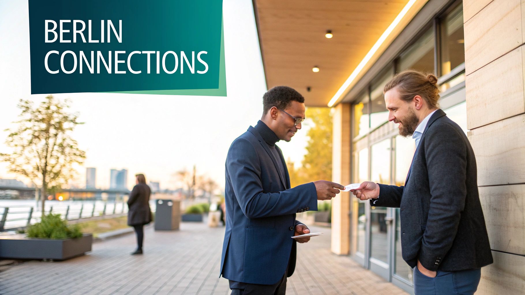 Two smiling businessmen exchanging business cards outdoors, with a 'BERLIN CONNECTIONS' banner.