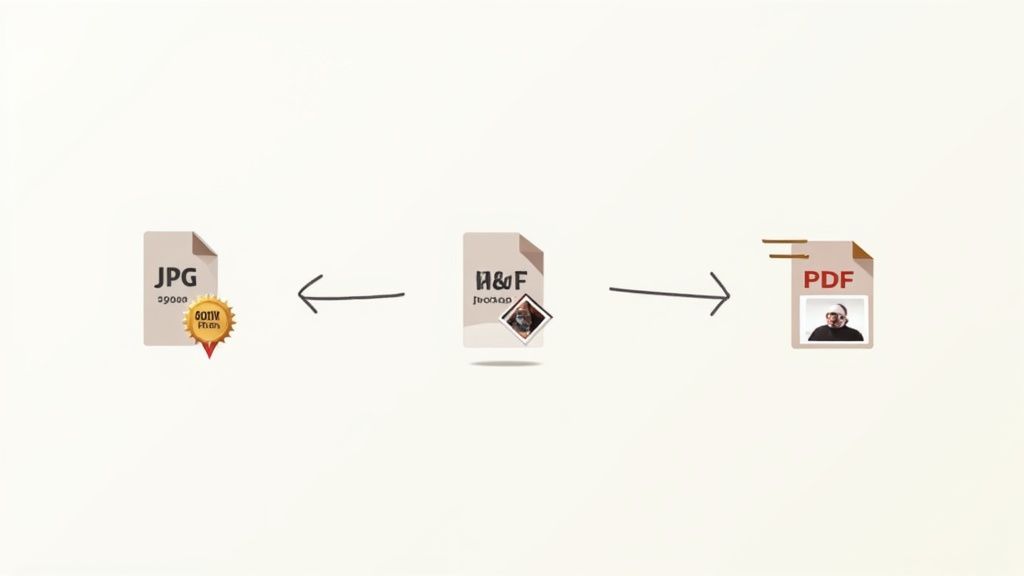 Visualisierung der Dateikonvertierung: Ein JPG-Bild wird in eine H&F-Datei und dann in ein PDF mit Fotos umgewandelt.