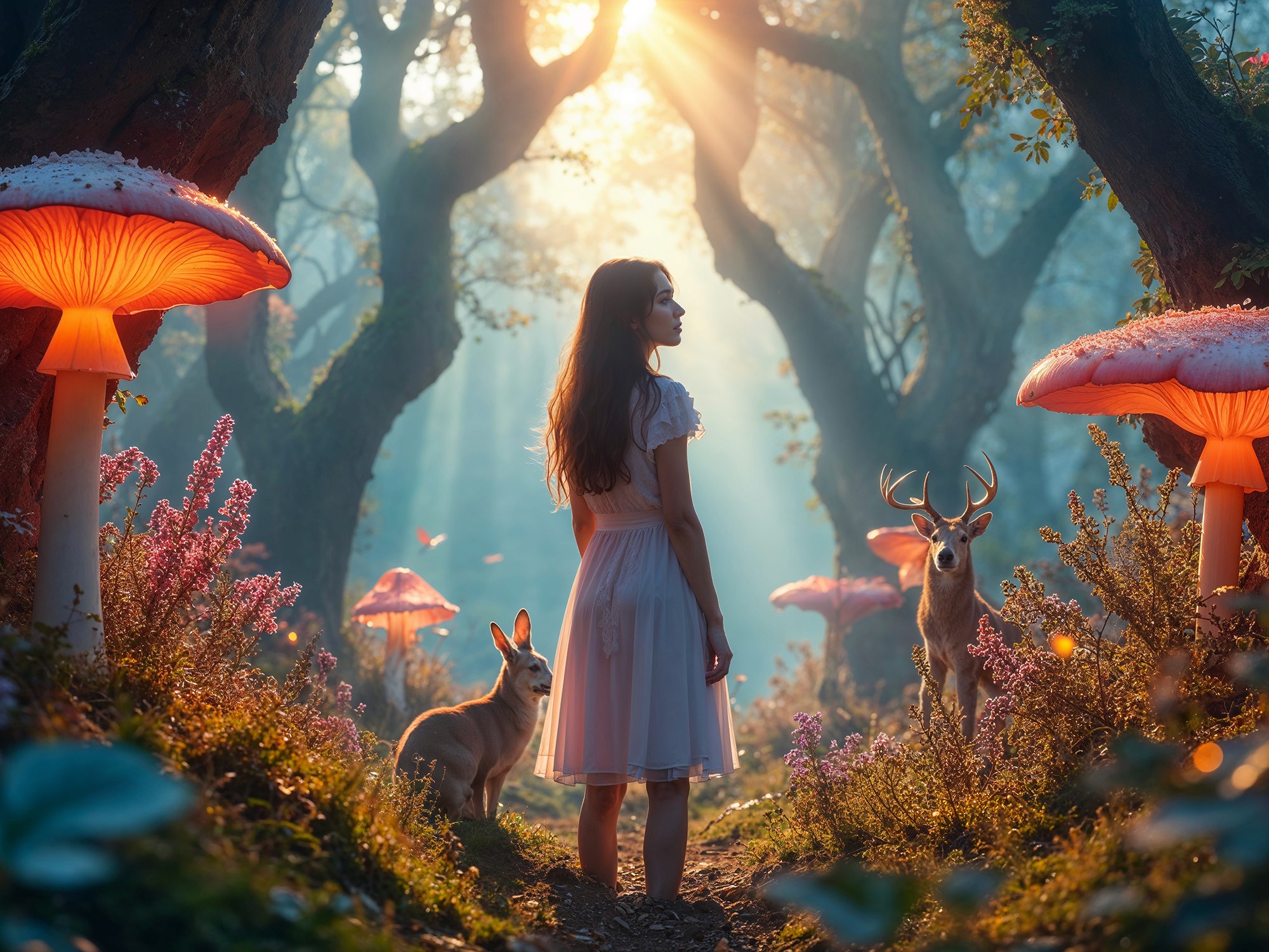Eine Frau im weißen Kleid steht in einem magischen Wald mit leuchtenden Pilzen, Reh und Hase im Sonnenlicht.