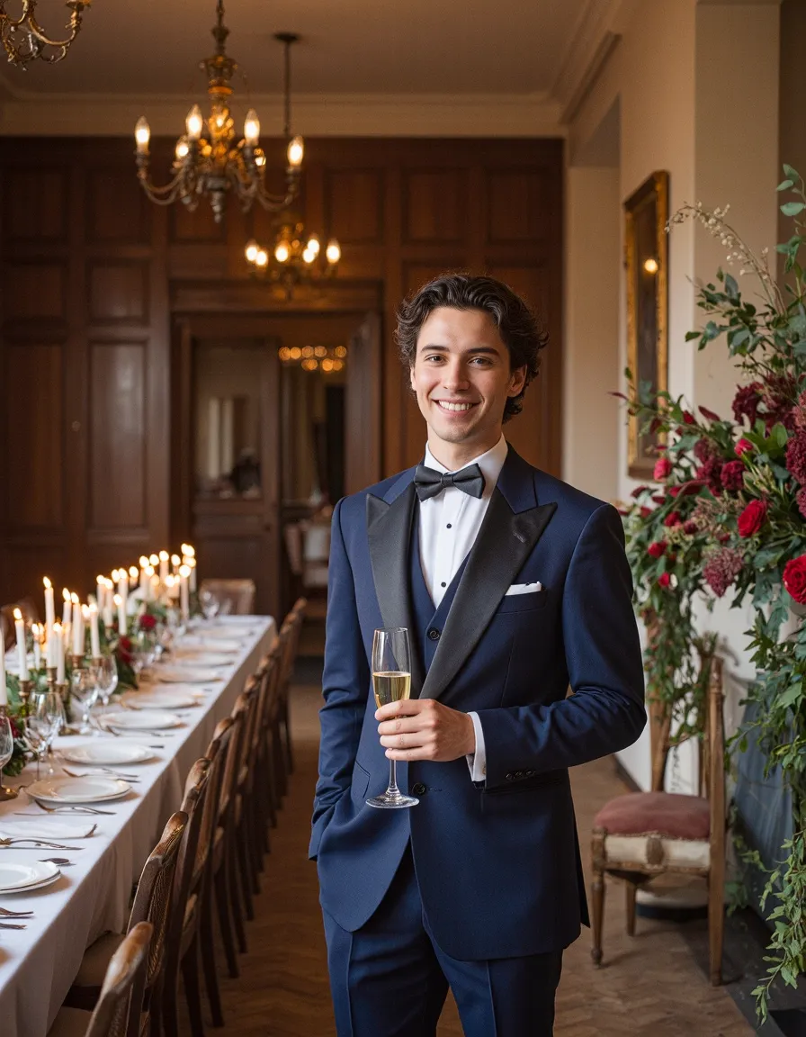 Man in navy tuxedo with champagne at elegant formal dining setting with candles and floral arrangements