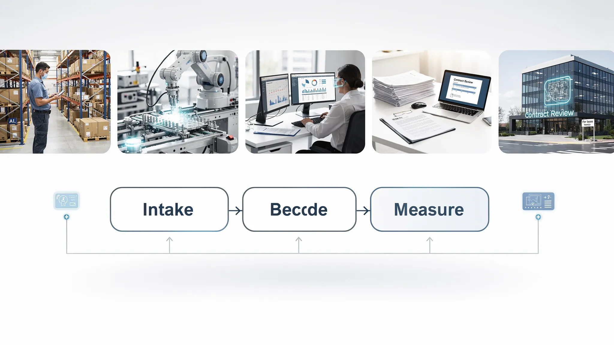 A clean illustration showing AI applied across multiple B2B sectors (warehouse/distribution, manufacturing, accounting office, legal documents, and real estate), with a simple flow from “Intake” to “Decide” to “Execute” to “Measure”.