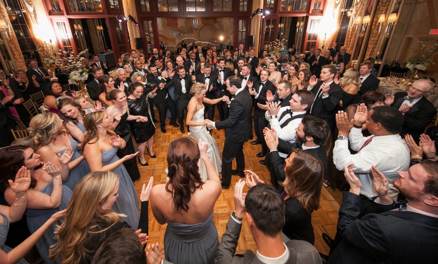 Elegant wedding reception with a full dance floor in Muskoka