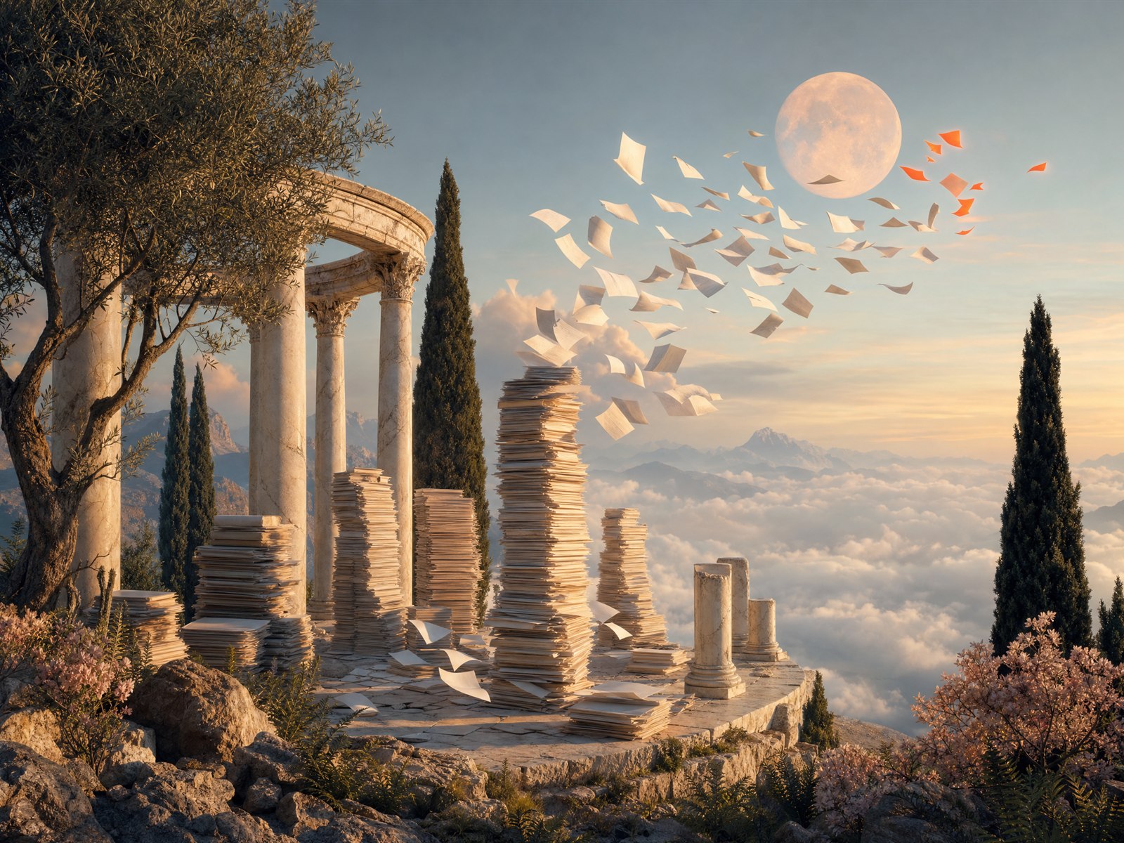 Towering paper stacks among marble columns, sheets flying off like doves