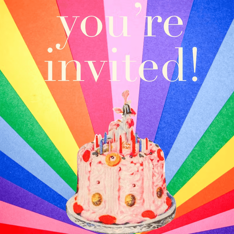Free birthday party invitation template with a pink celebration cake on a rainbow striped background and "You're invited" handwritten text