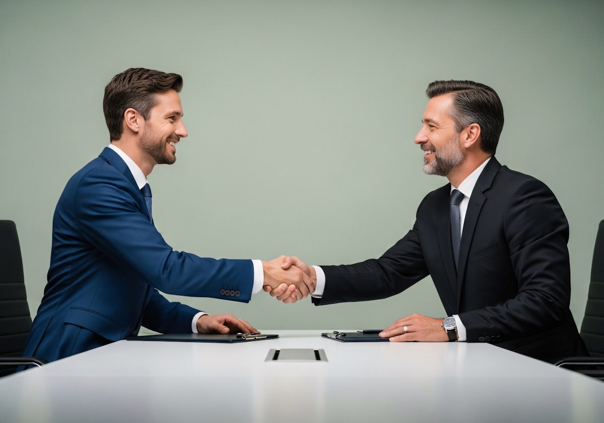 Two businessmen shaking hands across a white conference table.