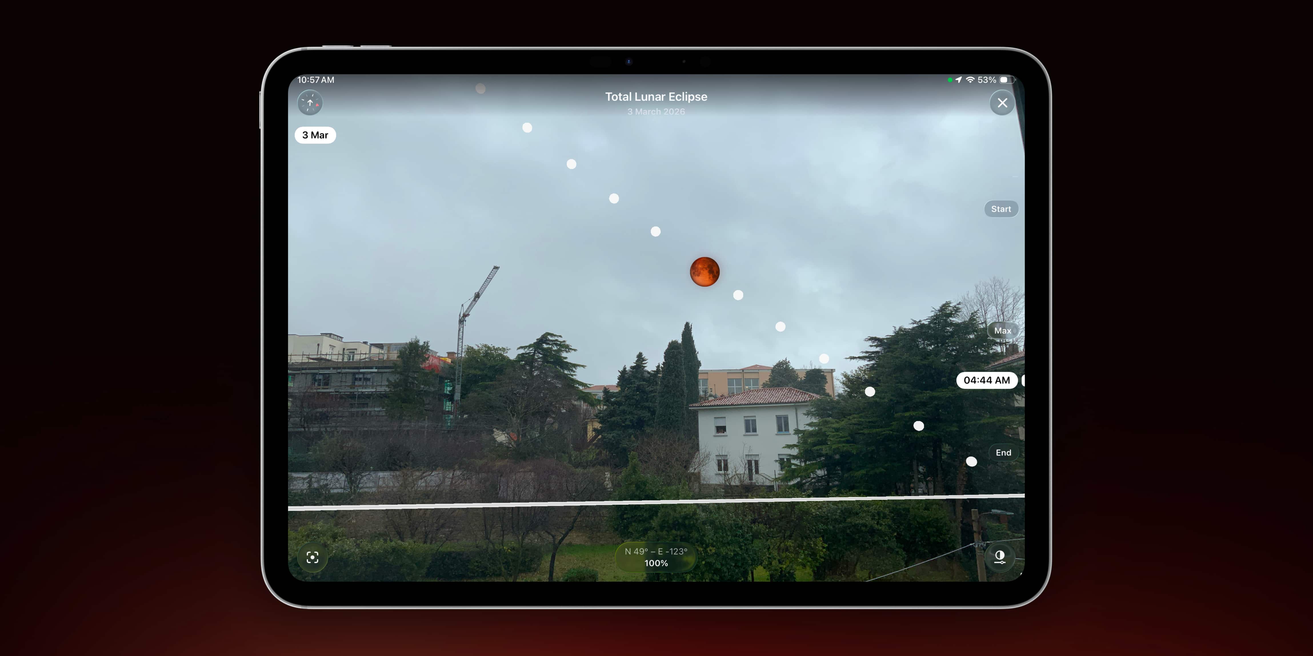 Map page of Moonlitt App. Annular Solar Eclipse 17 February 2026