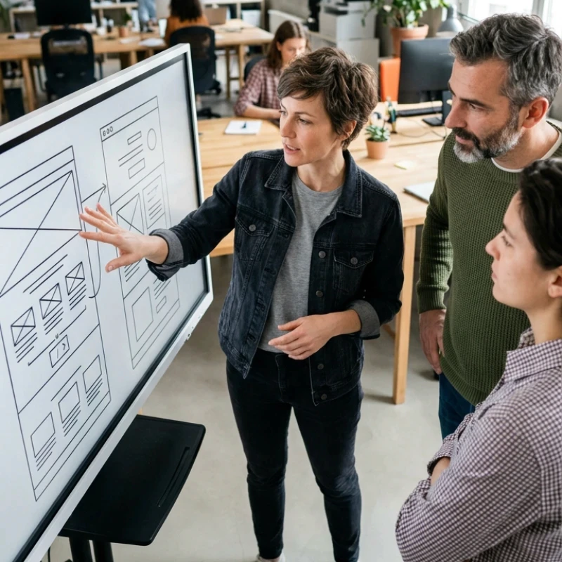 Équipe de professionnels en agence à Paris, échangeant autour d'un plan d'action structuré et de documents de synthèse dans un espace de travail collaboratif, illustrant notre expertise en Stratégie de comm 360° pour garantir une stratégie pensée pour être activée réellement.