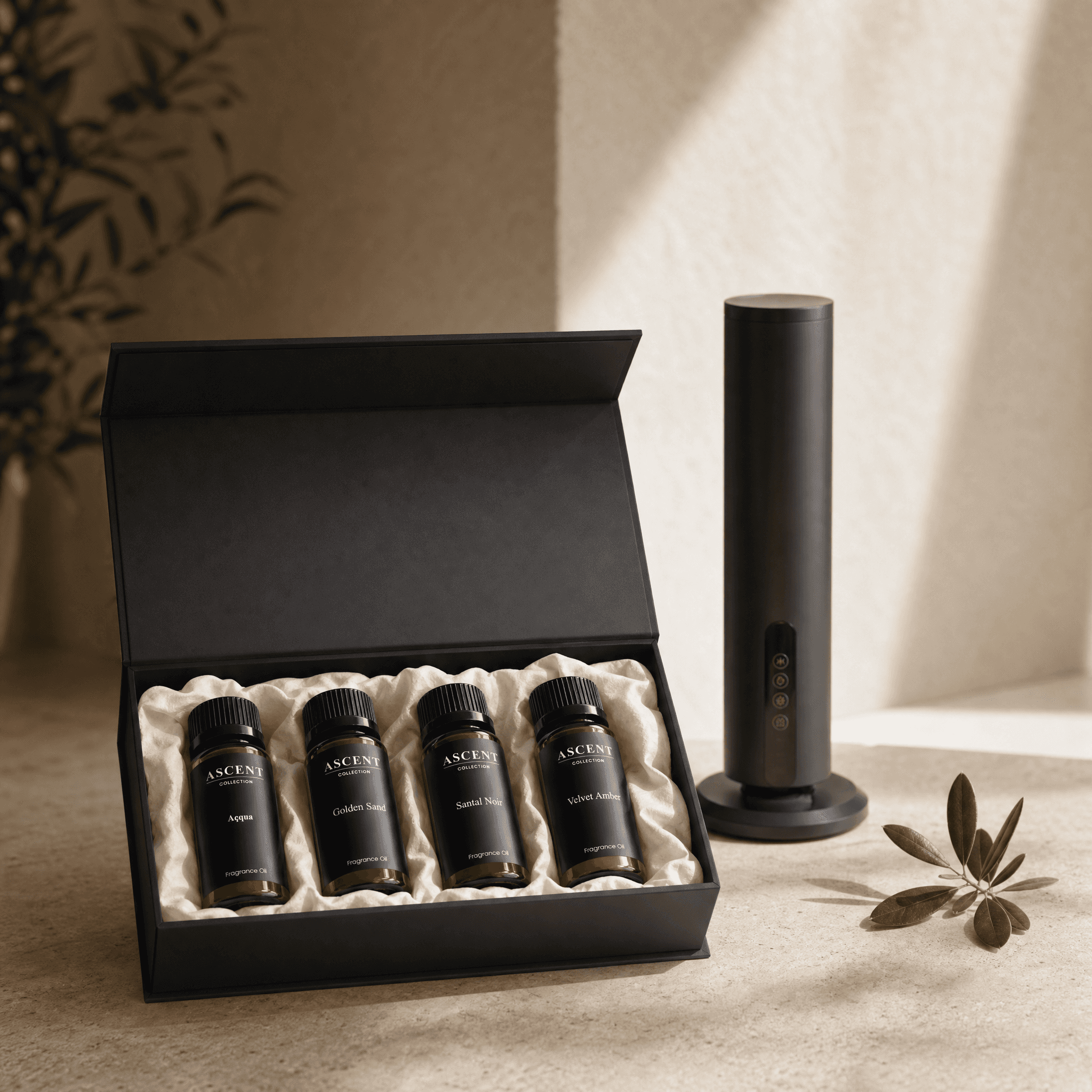 Ascent diffuser gift set with fragrance oils in a black gift box