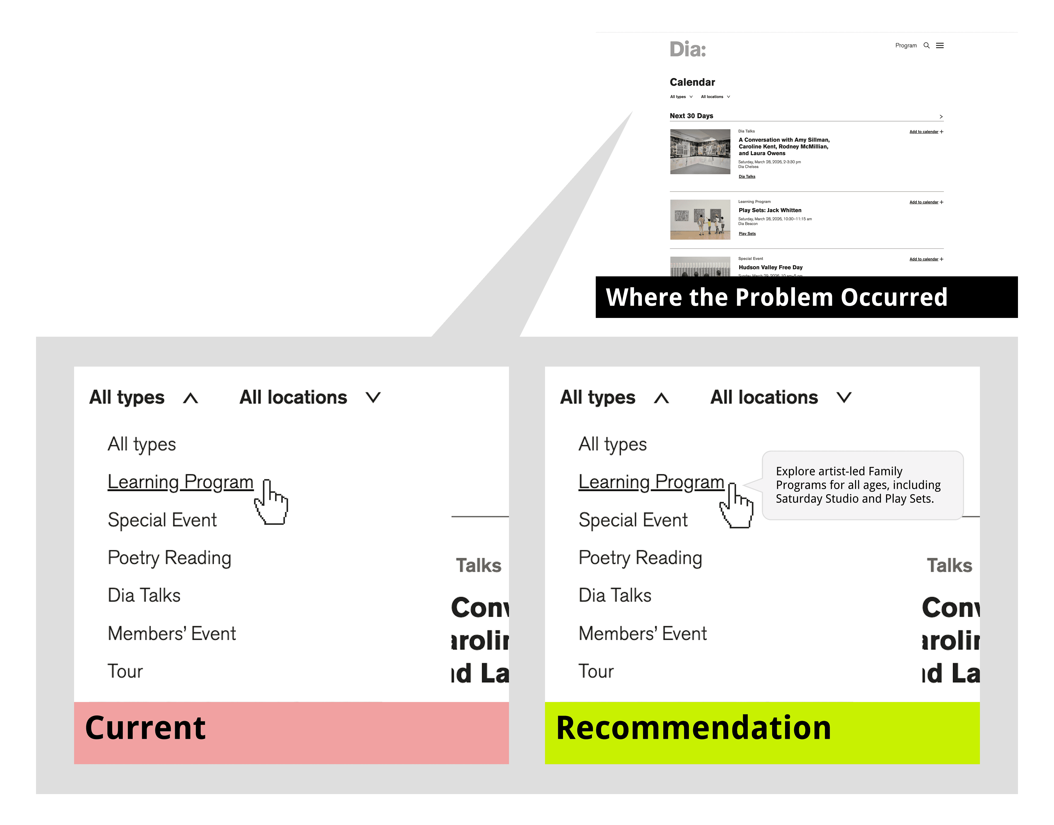 Current filter dropdown versus recommended version with a tooltip on hover showing that Learning Program includes Saturday Studio and Play Sets.