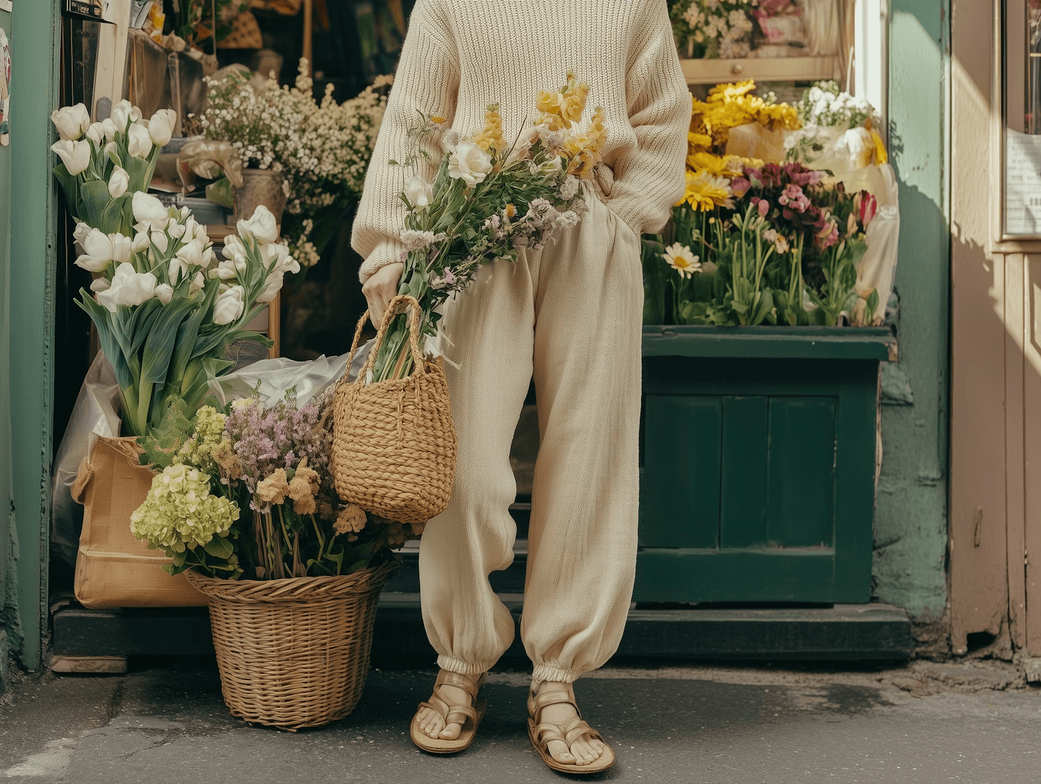 Person in cream outfit holding flowers